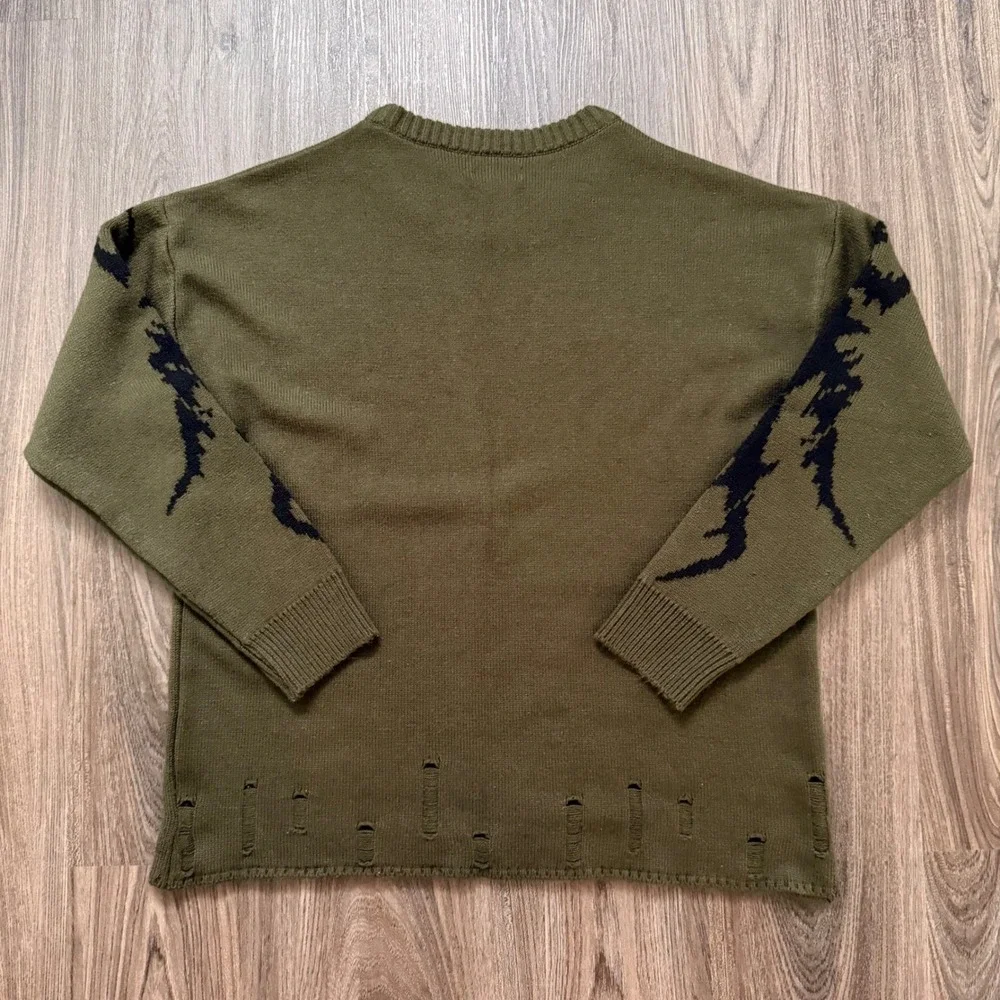 Hot Topic Mens Olive Green Graphic Knit Sweater Distressed Punk Goth Small